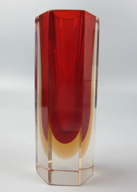 Murano Glass Faceted Vase. Tri-Color: Red Orange Smoke. Hexagon. 60s vintage. 6"