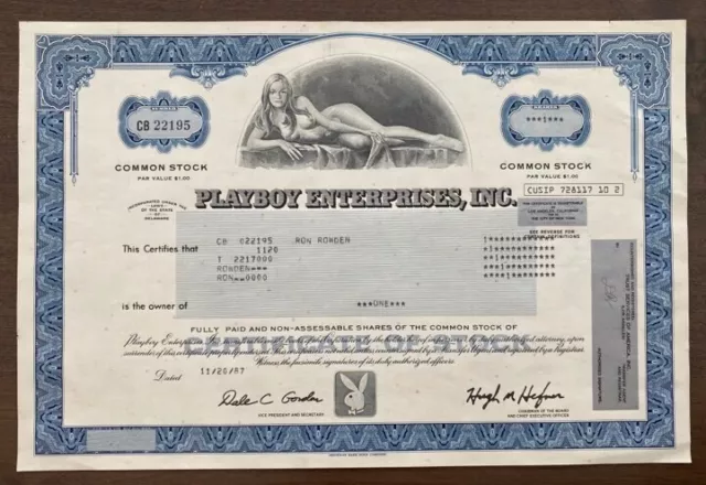 PlayBoy Enterprises Inc. 1987 Issued stock certificate