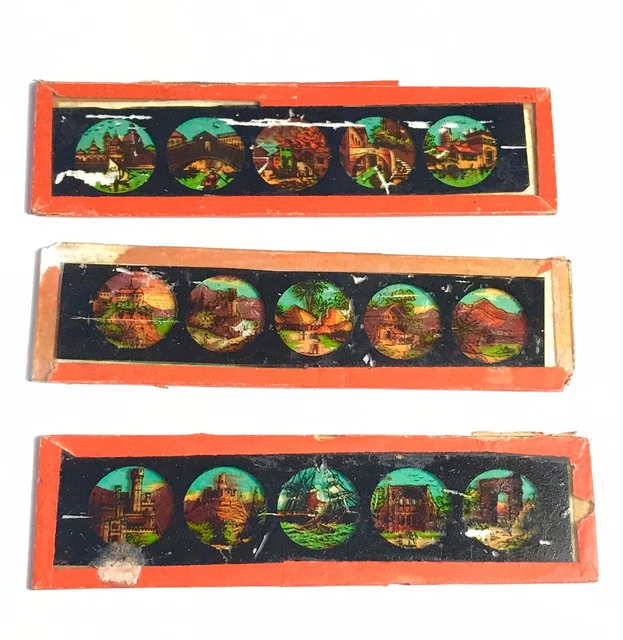 QUATORZE PLAQUES de lanterne magique. 4,5 x 17