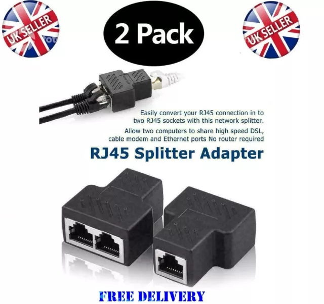 2 PCS RJ45 Splitter Adapter LAN Ethernet Cable  Dual Female Port Conector Plug