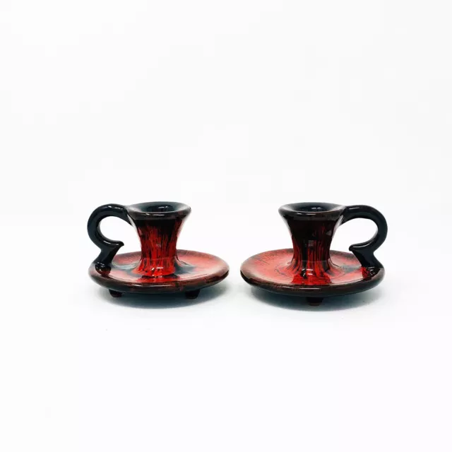 Pair Of Evangeline Pottery Candle Holders Red Drip Glaze Handles Vintage Canada