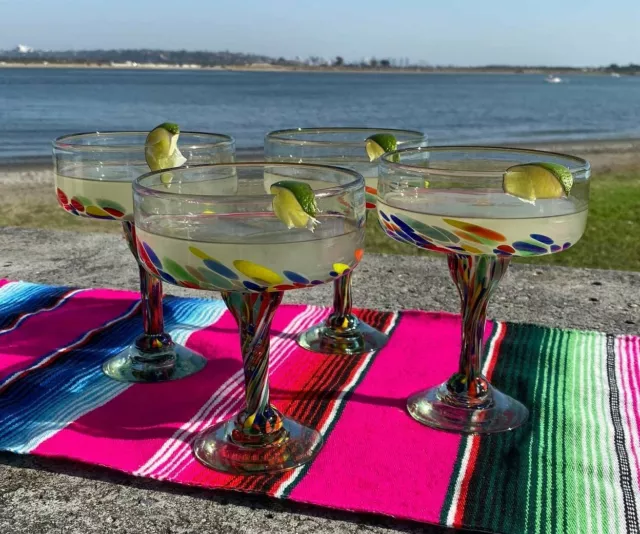 Mexican Hand Blown Glass – Set of 4 Hand Blown Margarita Glasses Confetti... 2