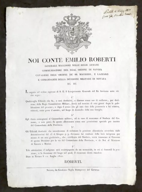 Moti 1821 - Manifesto norme per Ufficiali Regio Esercito Savoia - Novara