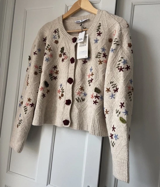 Zara Embellished Cardigan ZARA ECRU EMBROIDERED Floral Knit
