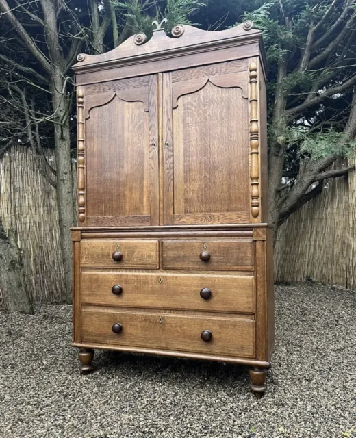 Antique Solid Oak Carved Linen Press Bedroom Wardrobe Cupboard Drawers Chest #M