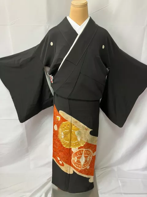 K019 Japanese Vintage Kimono Tomesode/Family crest/butterfly /Height 150cm