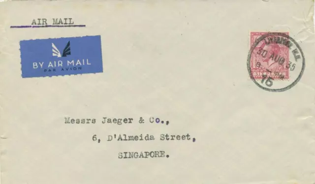 GB AIRMAIL to SINGAPORE 1935 George V 6d single postage - very early airmail