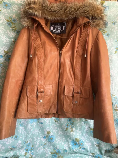 Vintage Echo Leather Hooded Jacket - Size Large - Exclusive Leather - Brown