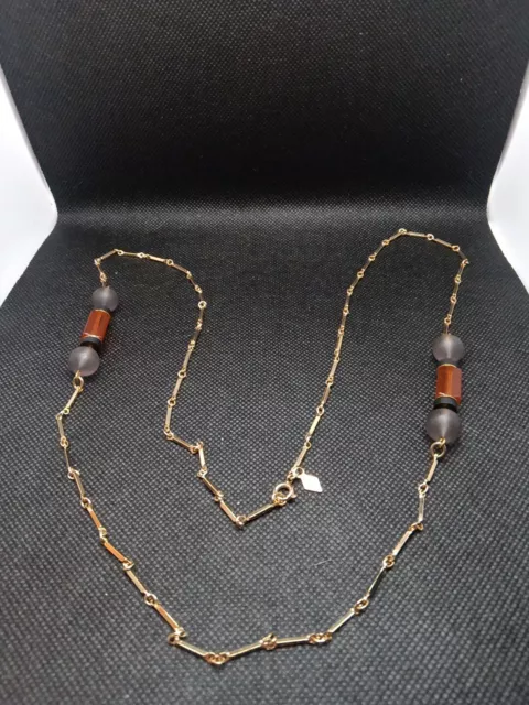 Vtg 1978 SARAH COV “Monterey” 35” Gold Tone Orange Grey Black Station Necklace