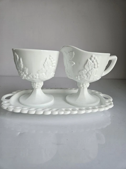 Vintage Indiana Milk Glass Colony Harvest Grape Creamer Open Sugar Bowl &Tray Vintage Indiana Milk Glass Colony Harvest Grape Creamer Open Sugar Bowl &Tray