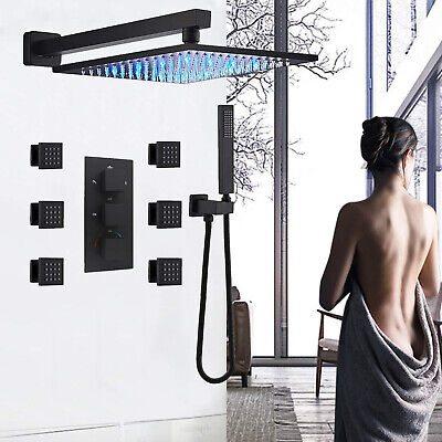 Thermostatic Shower Faucet Set Black LED 8" Head Spray Combo Massage Jets Mixer