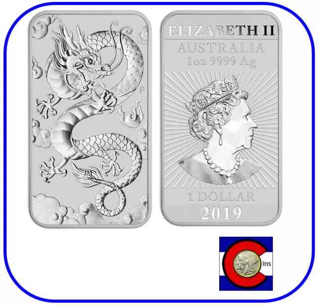 2019 Australia Perth Mint 1 oz Silver Dragon Bar Rectangular Coin in capsule