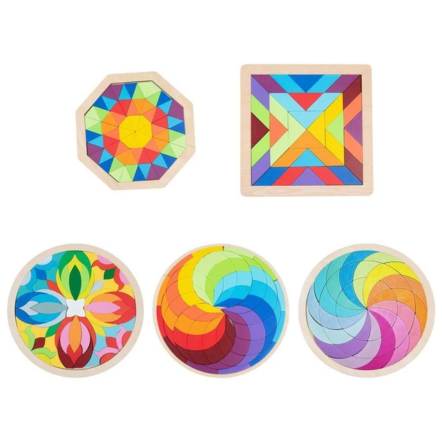 Wooden Tangram Blocks Set Geometric Shape Puzzles Jigsaw for Kids Ages 4-8