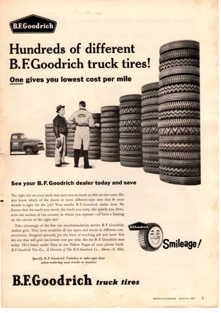 1958 B.F. Goodrich Tire Co. Smileage Tubeless Truck Tires Akron Ohio Print Ad
