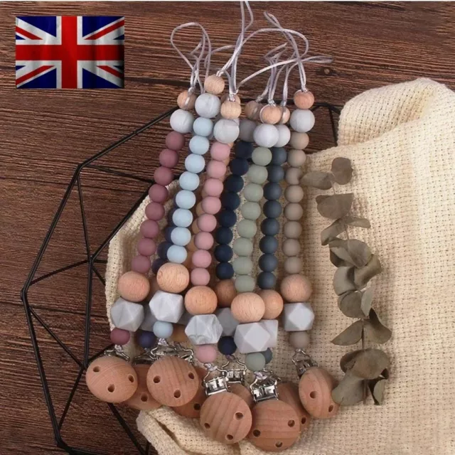 Baby Silicone Dummy Clips with Wooden Beads Soother Pacifier Chain 1x PALE ROSE