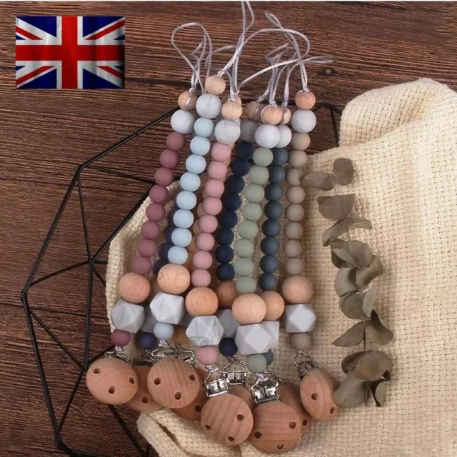 Baby Silicone Dummy Clips with Wooden Beads Soother Pacifier Chain 1x SAFE GREEN