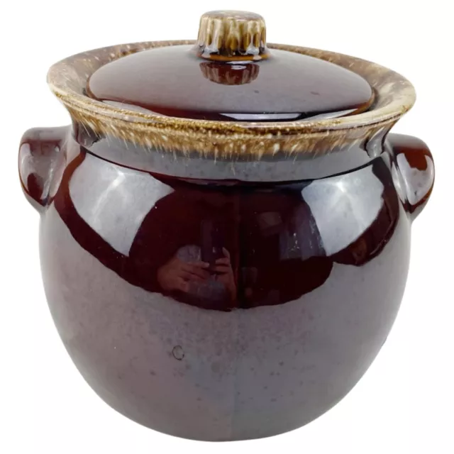 Vintage Hull Pottery Bean Pot with Lid Brown Drip Glaze Crock Oven Proof USA 6"