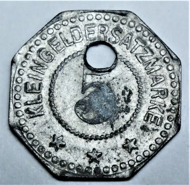 Kriegsgeld der Stadt Flensburg 5 Pfennig 1917 -Wappen- gelocht- sonst vz/ xf