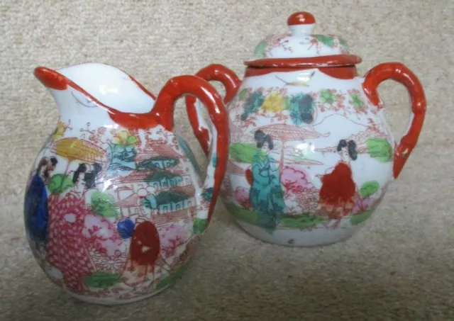 Antiguo tazón de azúcar con tapas de geishas japonesas pintado a mano y jarra de leche/crema