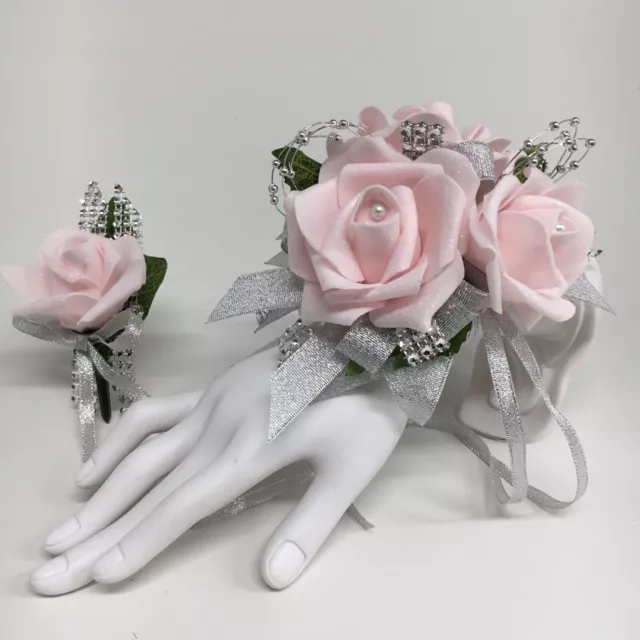 Glamour Triple Pink Foam Roses on Metallic Silver  Corsage & Boutonniere Combo