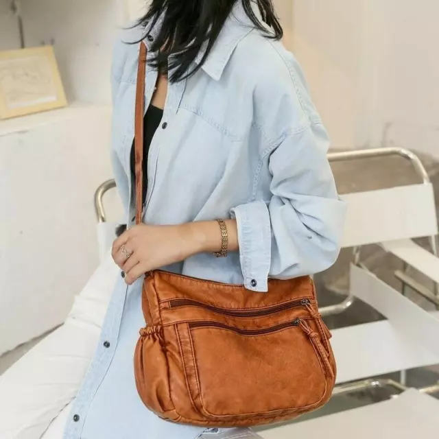 Women New Genuine Leather Brown Purse Shoulder Bag Pockets Cross Body Handbag