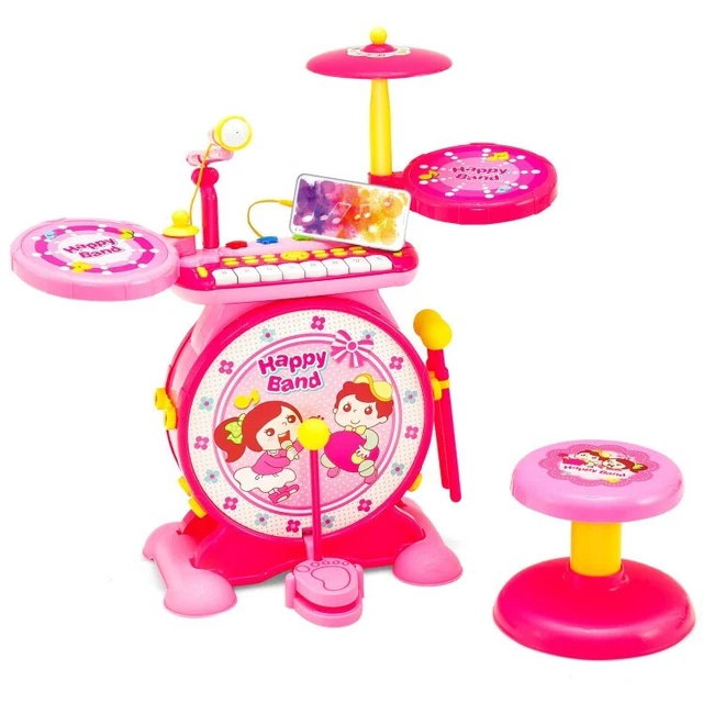 2-in-1 Kids Electronic Drum Kit Music Instrument Toy w/ Keyboard Microphone Pink