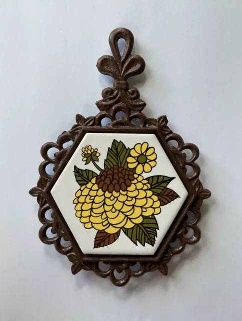 Vintage Trivet Hexagon Yellow Flowers Cast Iron HH Japan Hot Plate Retro