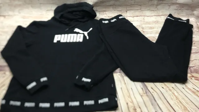 Puma Girl Youth Jogging Suit Small Hoodie Large Logo Graphic Black White Jogger