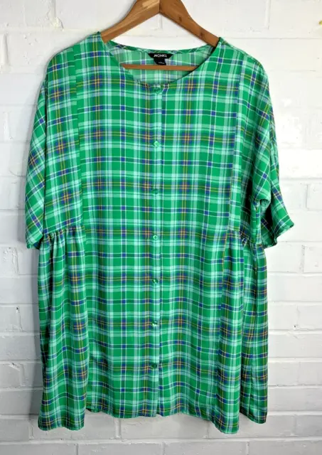 Monki Oversized Shirt Dress Top Checked Size Small 3/4 Sleeve Green Blue Plaid