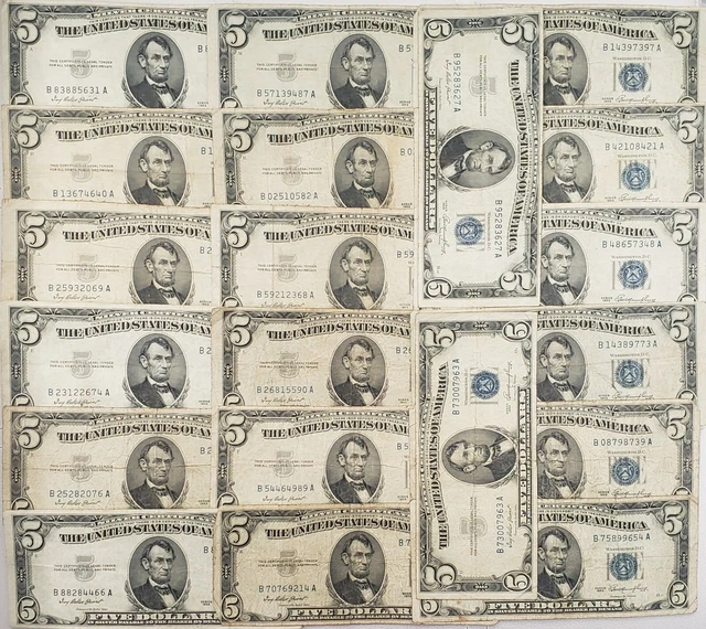 LOT OF 20 1953 $5 LINCOLN HEAD BLUE SEAL DOLLARS (SILVER CERTIFICATES) Fr#: 1655