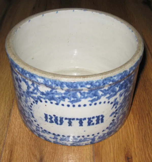 Antique Vintage Blue & White Salt Glazed Stoneware Butter Crock Jar Rare