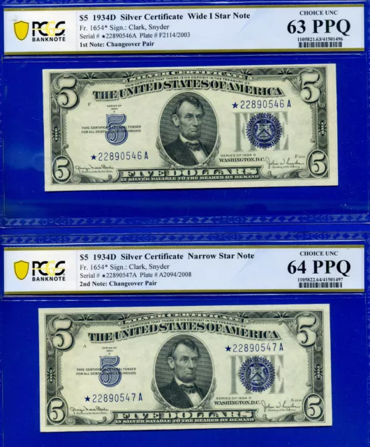 Narrow / Wide I Star Changeover $5 1934D Silver Certificate Fr 1654*  PCGS 64PPQ