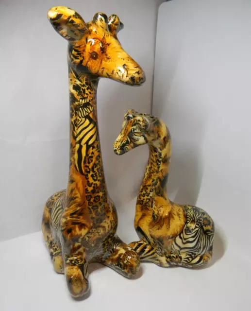 La Vie 1980's Ceramic Giraffe Mother & Baby Safari Patchwork Figurines 2 Pieces