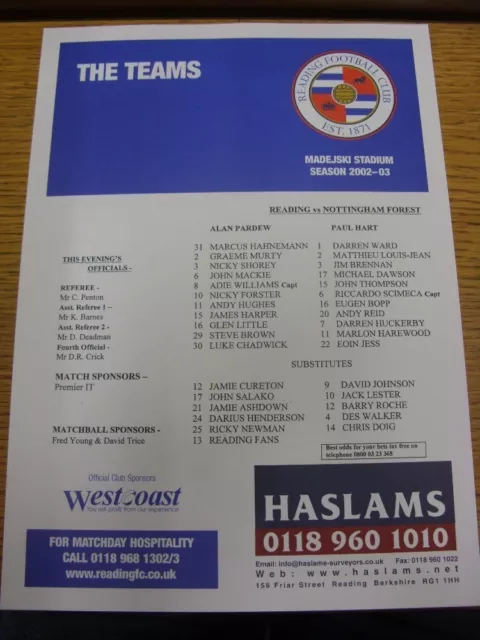 18/04/2003 Colour Teamsheet: Reading v Nottingham Forest. Thanks for viewing our