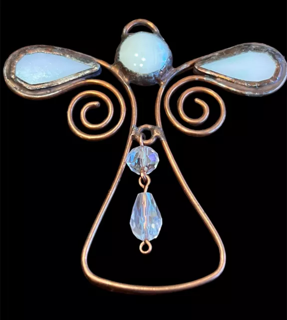 Iridescent Stained Glass Angel Sun Catcher Ornament, Artisan Made-Art copper