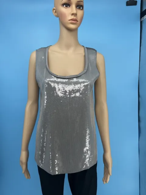Org.$248 NWT ELIE TAHARI Women's Gray Front Sequins Silk Cally Blouse Size: M
