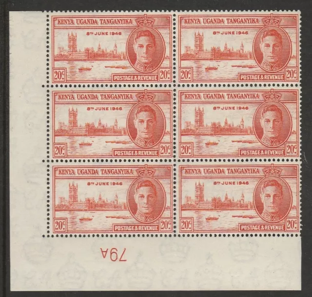 KENYA UGANDA TANGANYIKA 1946 VICTORY 20c CURRENT No. 79A BLOCK x6 WITH VARIETY