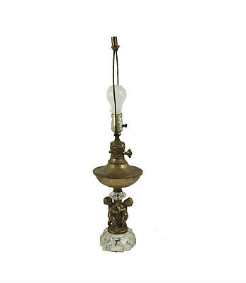 Vintage Antique Brass Cherub Crystal Hollywood Regency Table Lamp Light Patina