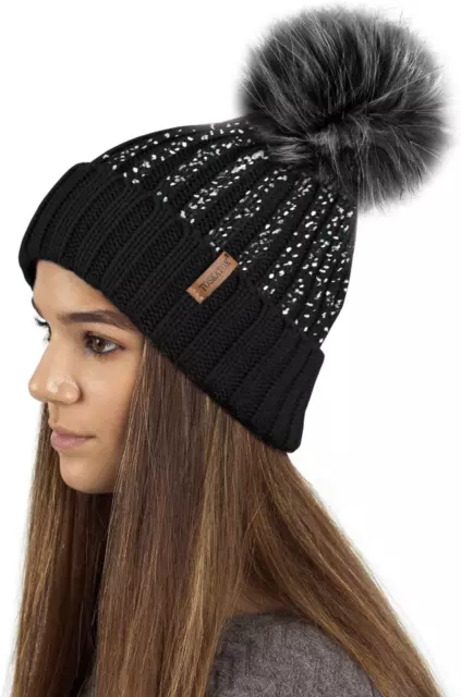 TOSKATOK Ladies Womens Girls Ribbed Knit Winter Beanie Bobble Hat with Stylish &