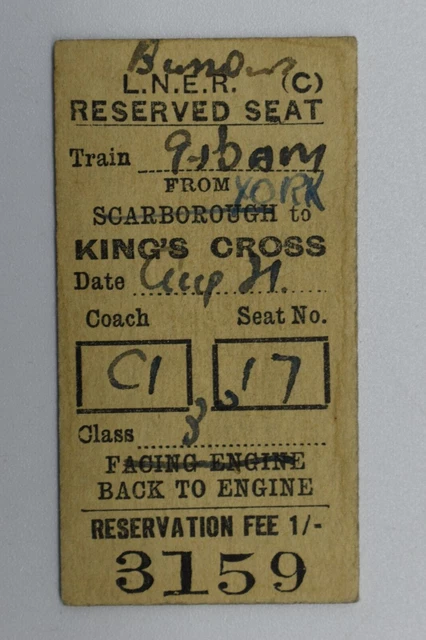 Lner Tickets LNER RAILWAY TICKET York to King's Cross - Reserved Seat #3159 £3.00 ...