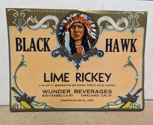 Vintage Black Hawk Lime Rickey Bottle Label Wunder Beverages Oakland CA Soda Pop