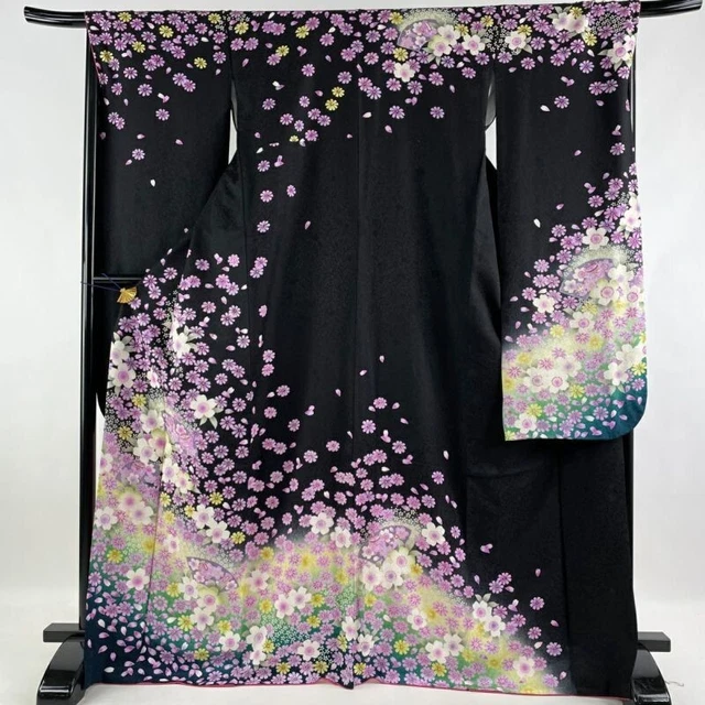 Woman Japanese Kimono Furisode Silk CherryBlossom Takarazukushi Gold Foil Black