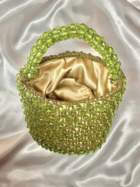Rosenfeld Made in Italy Beaded Basket Green With Beaded Handle 60's Lucite RARE