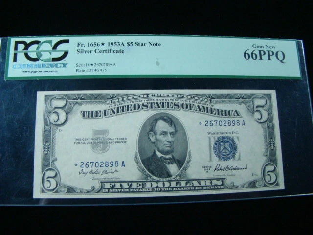 1953A $5 Fr#1656* Star Silver Certificate (*A Block) PCGS 66 PPQ Gem *26702898A