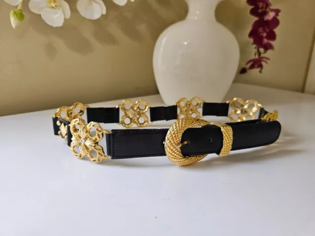 VTG 80's Paloma Picasso Black Leather Gold X Belt Sz S Made in Italy