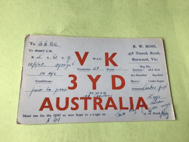 Vintage QSL Radio communication card  Australia  1948  Ref 53152