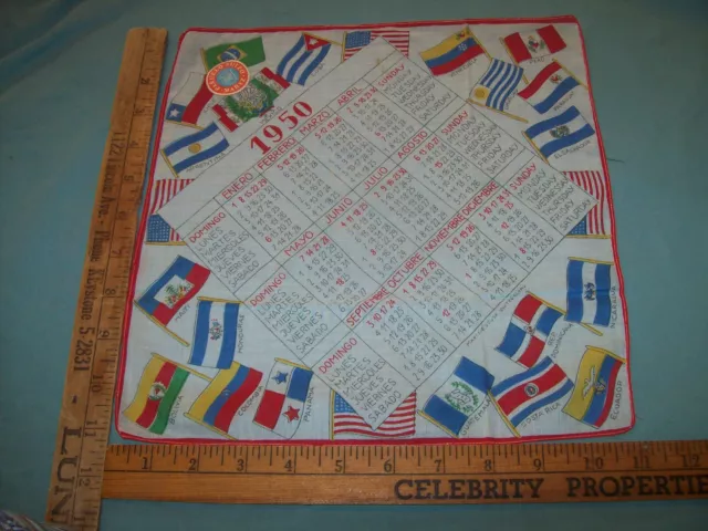 Tag Panuelo Flags Usa Mexico Spanish Vintage 1950 Calendar Handkerchief Hankie