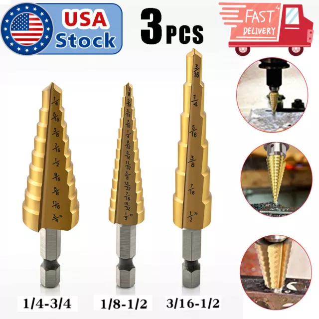 3PCS High Speed Steel HSS Titanium Step Drill Bit Set Quick-change 1/4" Hex Shan