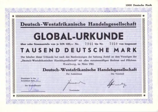 Deutsch-Westafrikanische Handelsgesellschaft  1000DM Hamburg 1961  Selten