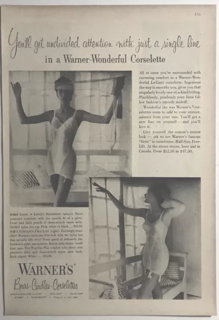 1958 WARNERS A'LURE CONE BRAS - Pretty Young Woman in Lingerie = Print AD 